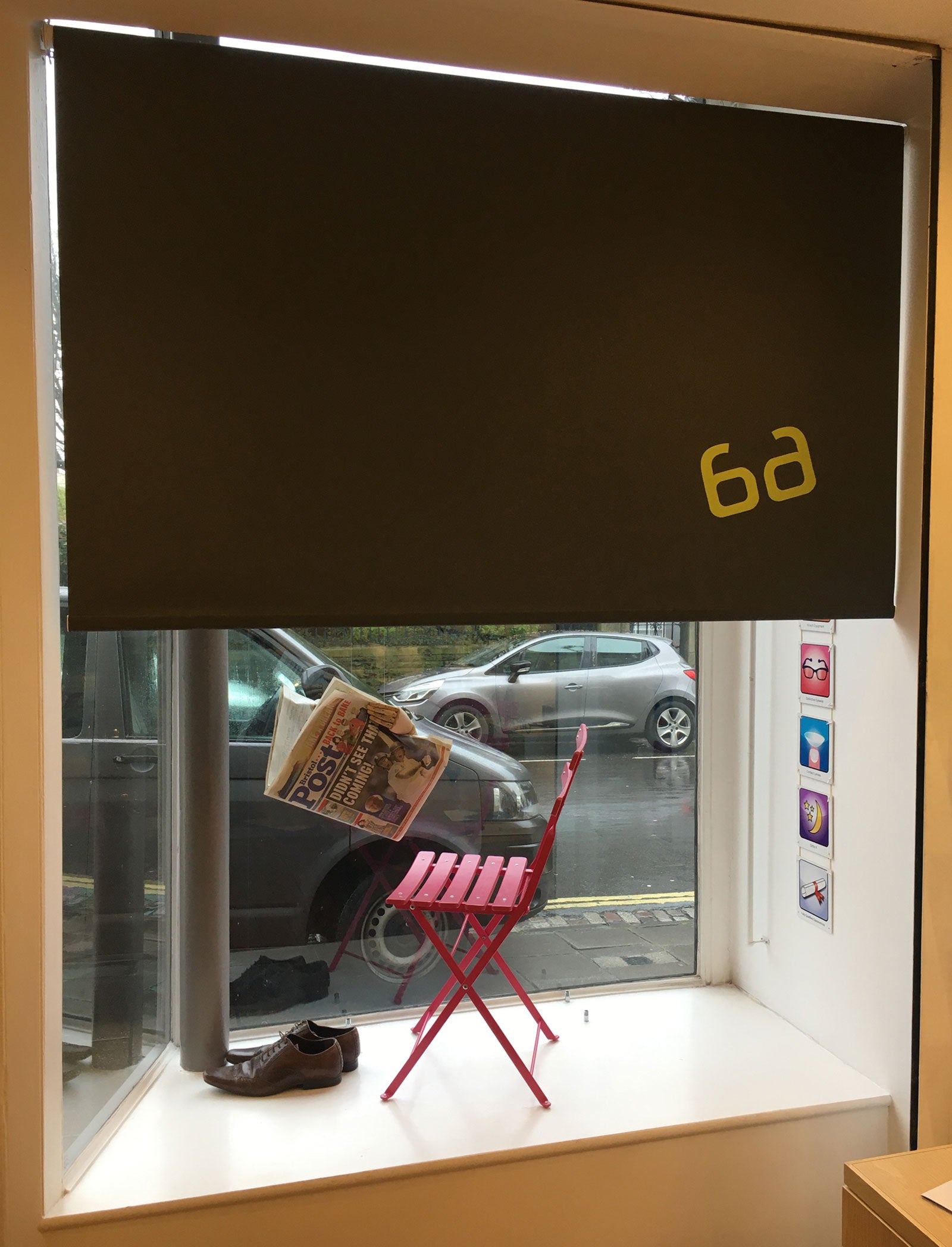 Roller blind with logo supplied by Paul Christian bristol